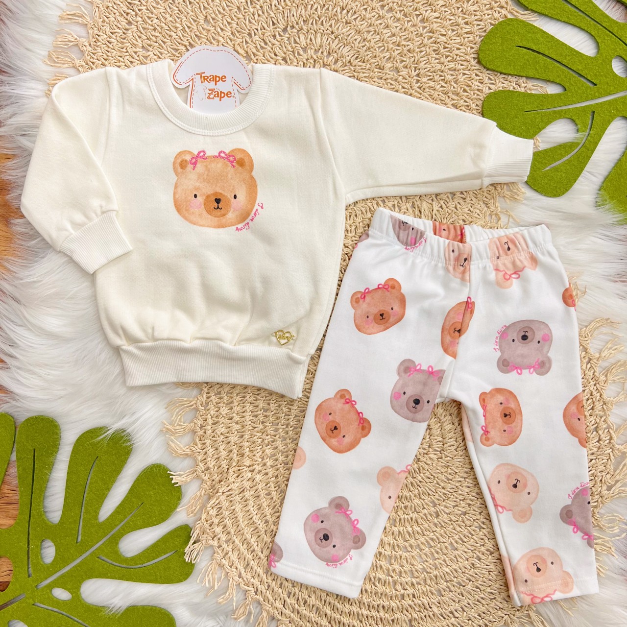 Conj. Casaco Face Bear e Calça Legging - Off White